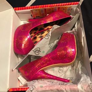 Iron fist sequin digi skull pink and gold heels